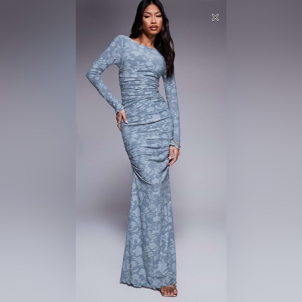 Elegant Blue Floral Long Sleeve Dress